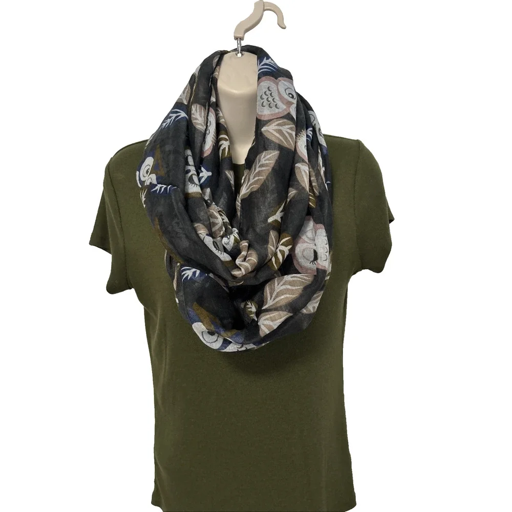 Women's Sheer Baby Owl Infinity Scarf‎ Lightweight Fall Autumn Neutral Preppy